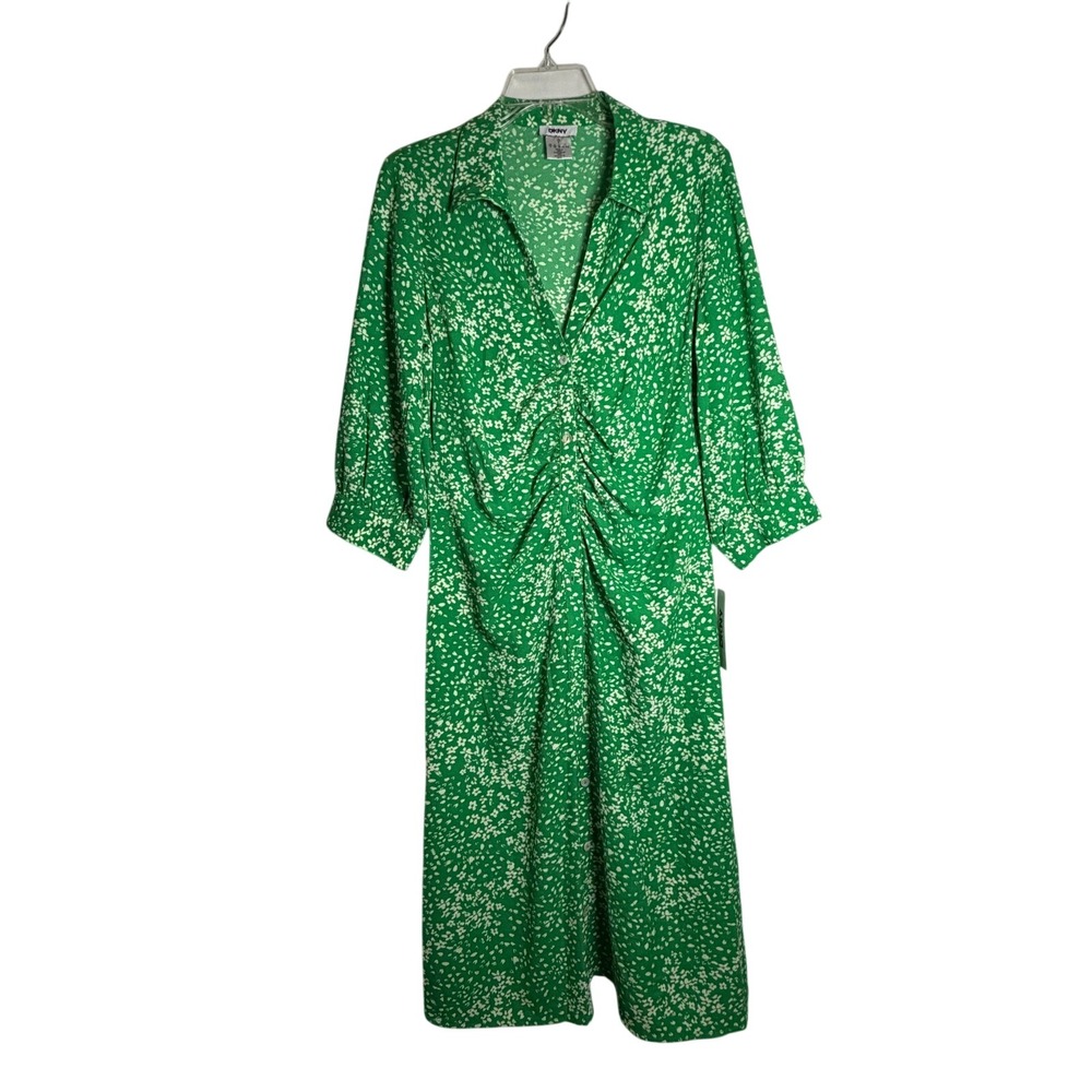 DKNY Green White Floral Ruched Midi Dress Womens 8 New